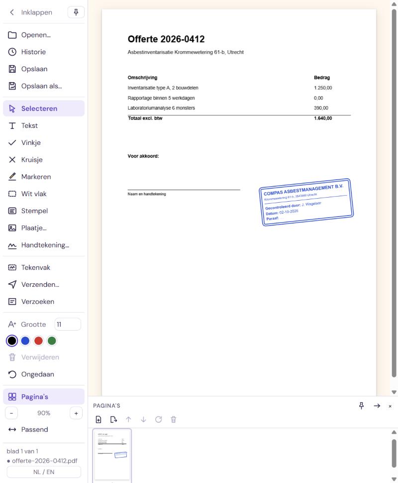 De bewerker van inki-pdf met een offerte, een bedrijfsstempel en de knoppenbalk links